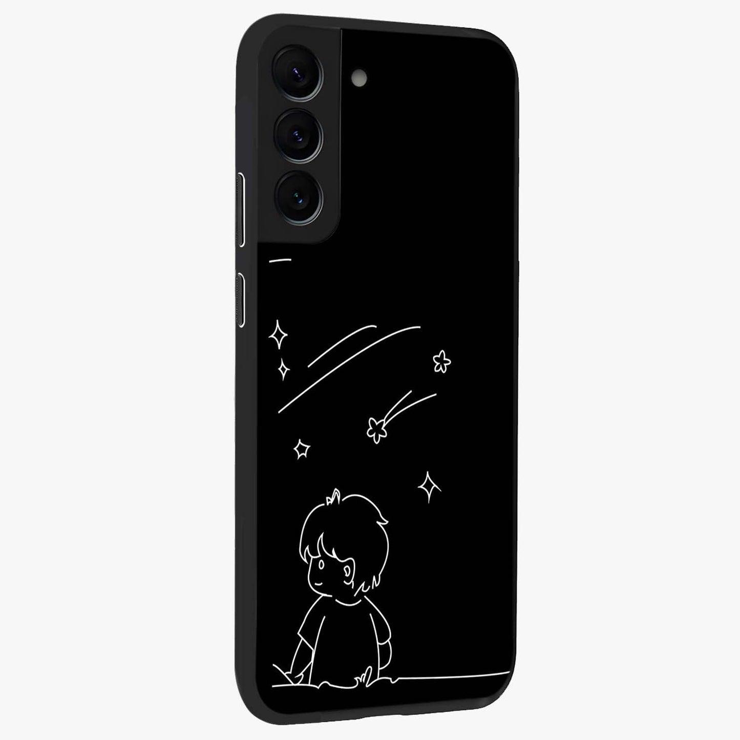 Line Art Boy With Shooting Stars Glass Case upright view showcasing artistic shooting star illustration with minimal style.
