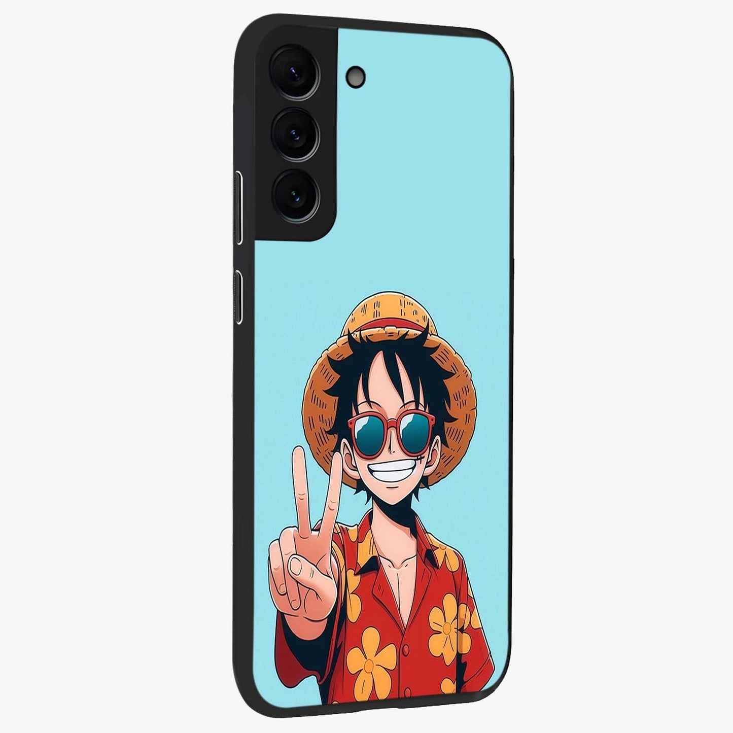 Luffy Summer Anime Vibe Glass Case upright view showcasing dynamic anime artwork with bright adventurous theme.