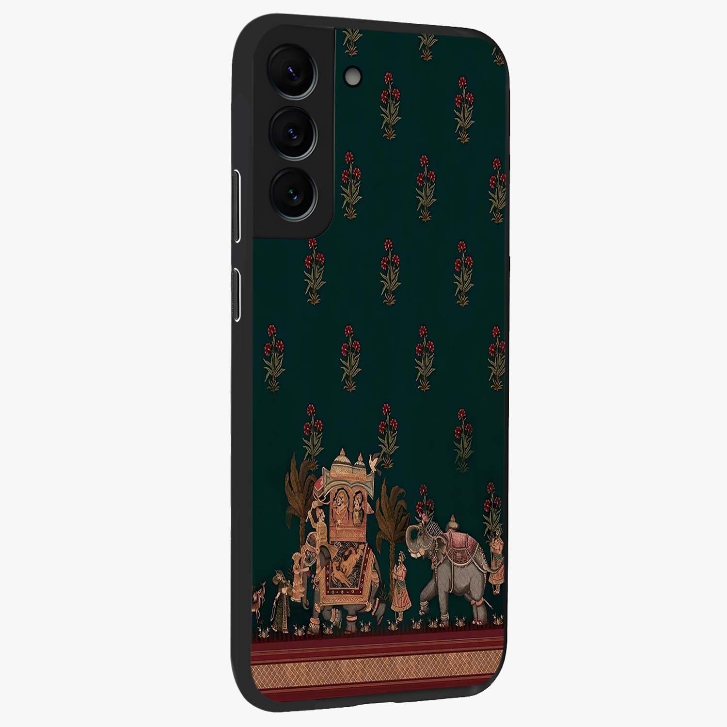Macmerise Glass Case upright view showcasing bold artistic artwork with contemporary design theme.