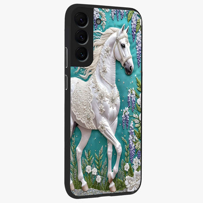 Majestic Floral Stallion Glass Case upright view showcasing dramatic horse artwork with decorative floral theme.
