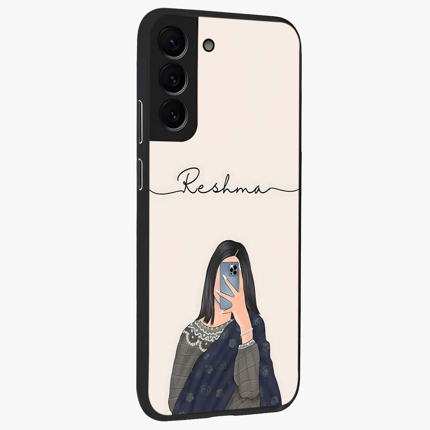 Mirror Mood Muse With Custom Name Glass Case upright view showcasing artistic mirror themed artwork with personalized aesthetic.