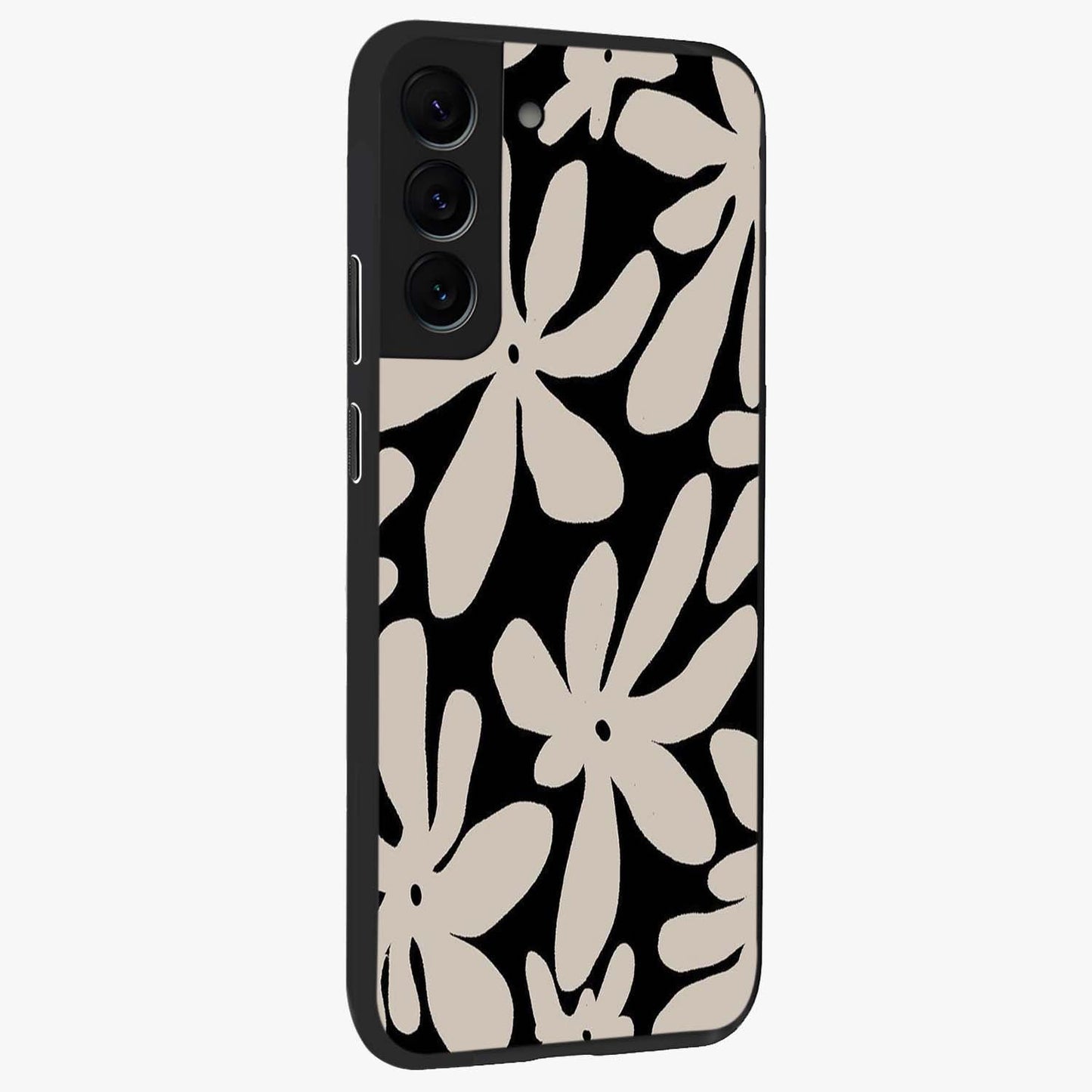 Monochrome Petal Dance Glass Case upright view showcasing artistic floral pattern with stylish monochrome theme.