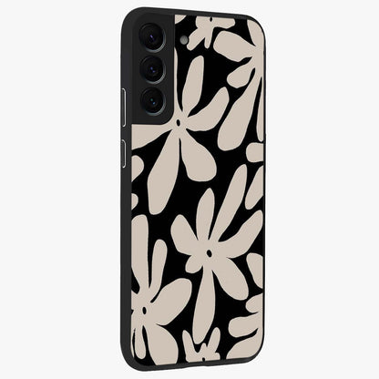 Monochrome Petal Dance Glass Case upright view showcasing artistic floral pattern with stylish monochrome theme.