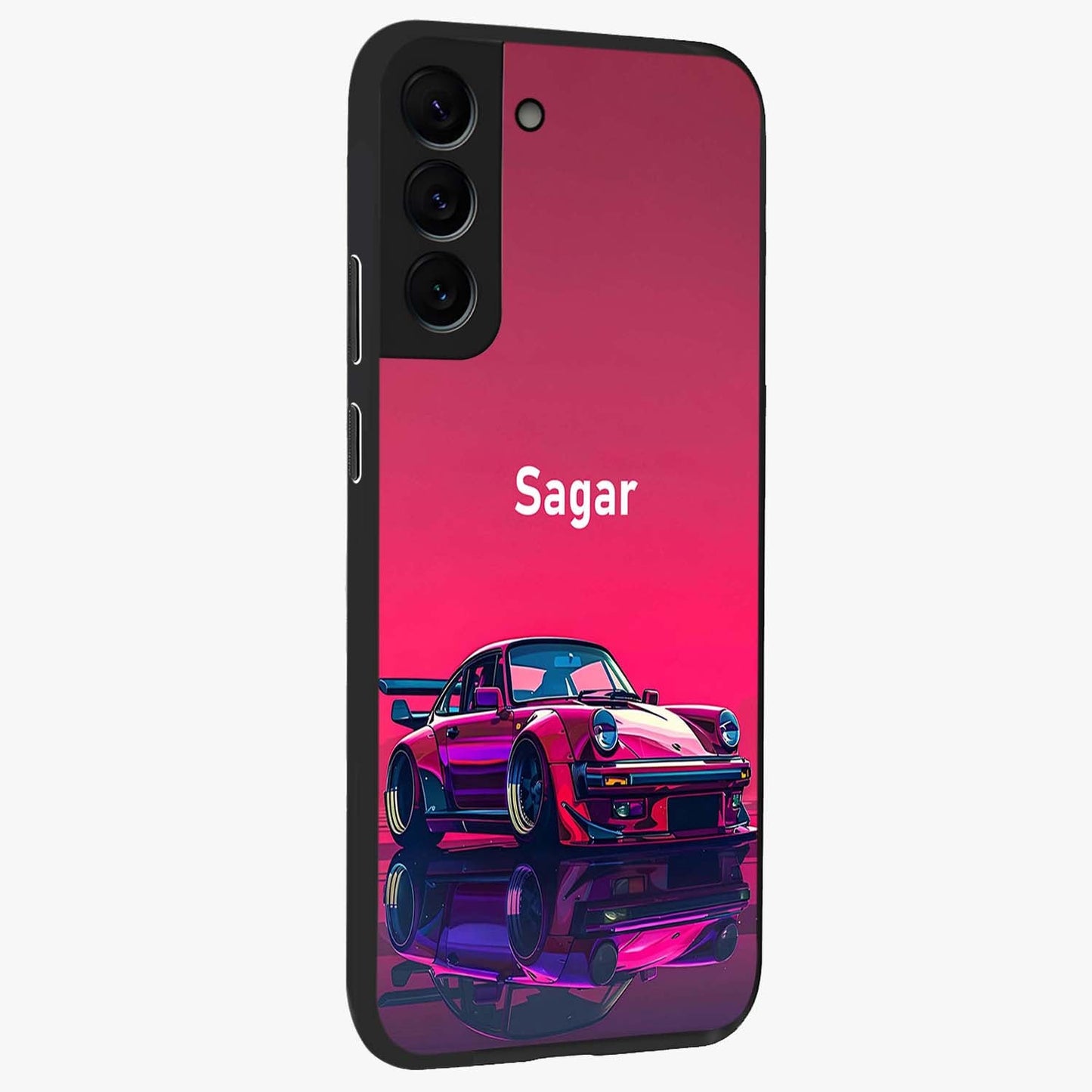 Neon Pink Porsche Glass Case upright view showcasing vibrant sports car artwork with bold automotive theme.