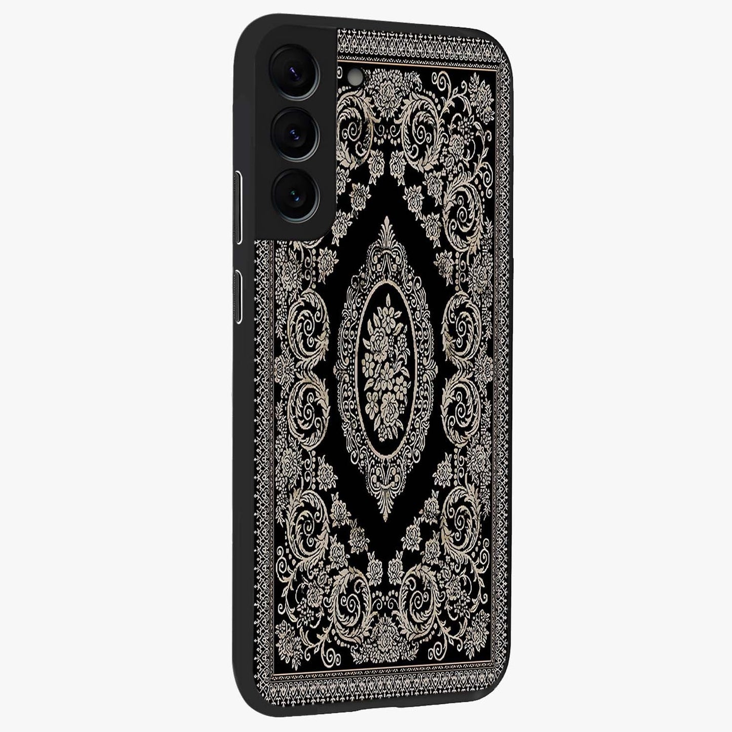 Noir Bloom Elegance Glass Case upright view showcasing graceful floral artwork with luxurious dark theme.