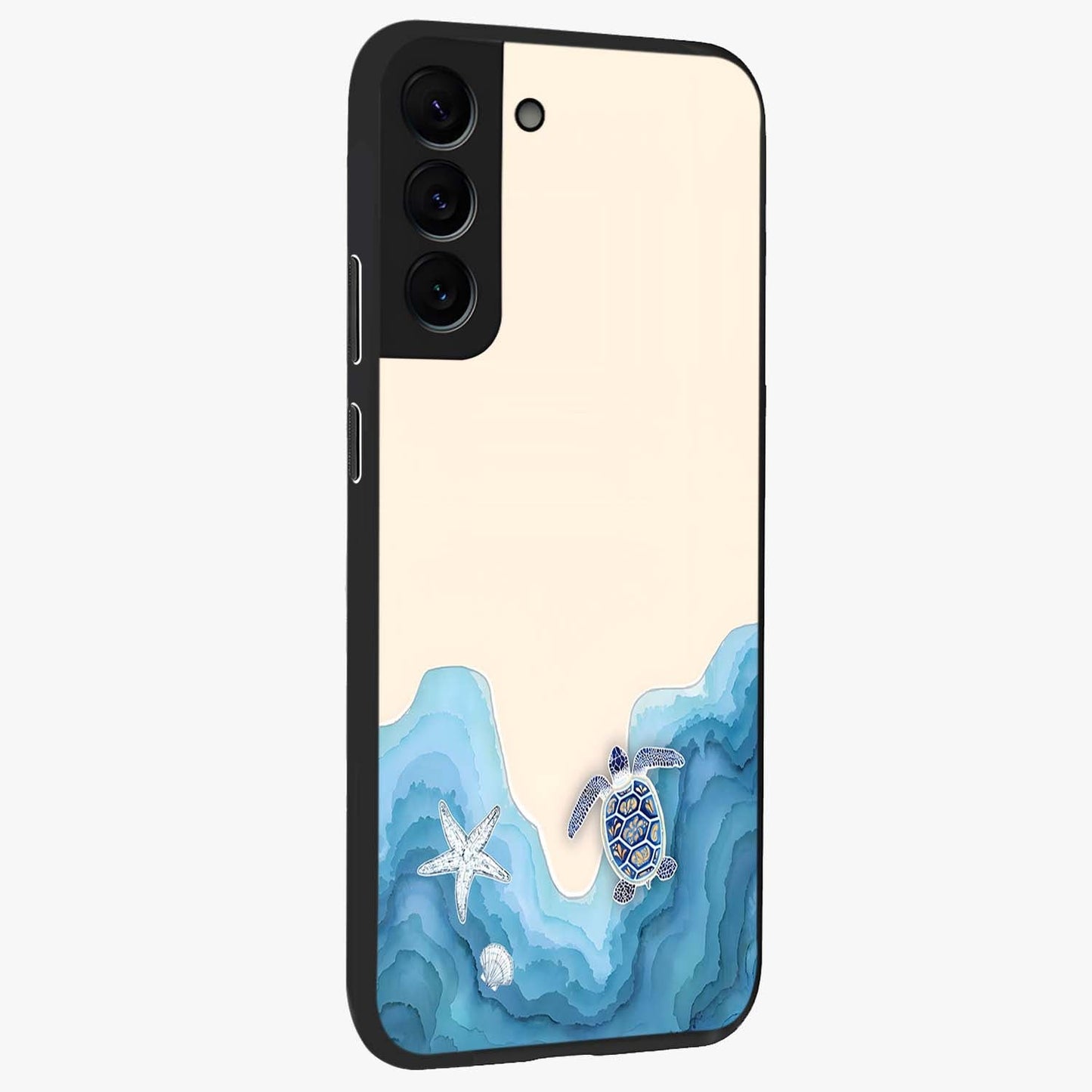 Ocean Drift Turtle Glass Case upright view showcasing calm underwater turtle artwork with nature inspired theme.