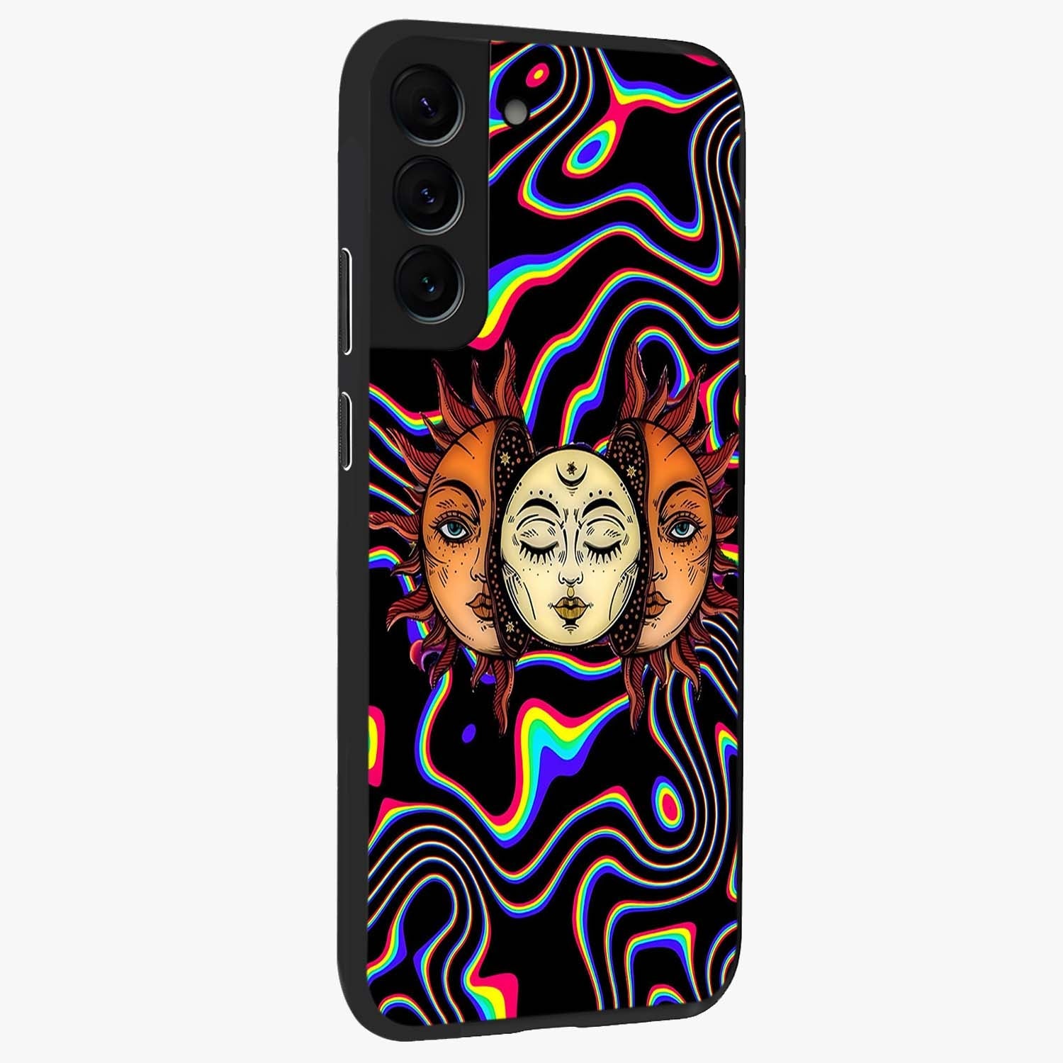 Psychedelic Sun Glass Case upright view showcasing trippy sun artwork with bold psychedelic theme.