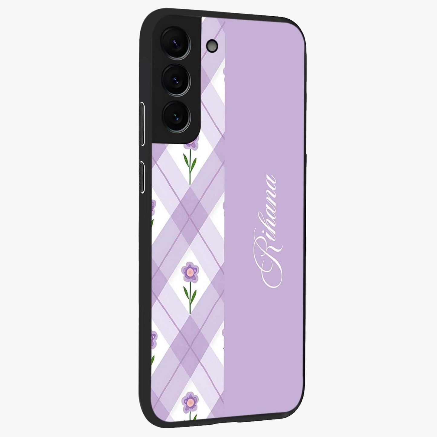 Purple Diamond Floral Glass Case upright view showcasing vibrant floral artwork with stylish geometric theme.