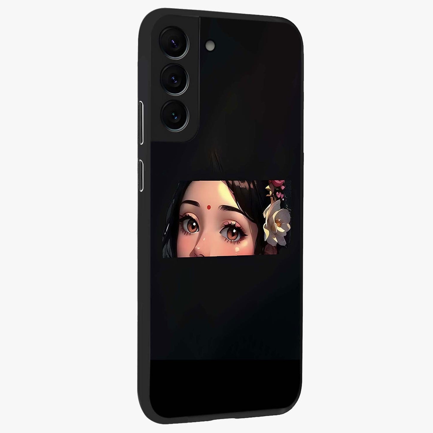 Radha Divine Embrace Glass Case upright view showcasing sacred Radha themed artwork with peaceful devotional style.