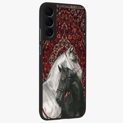 Regal Stallion Tapestry Glass Case upright view showcasing powerful horse artwork with elegant tapestry theme.