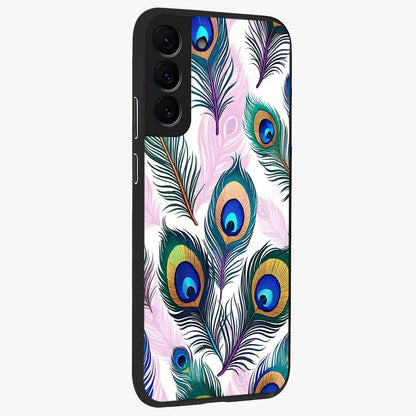 Royal Peacock Feathers Glass Case upright view showcasing elegant peacock feather artwork with decorative royal theme.