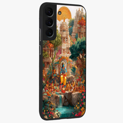 Sacred Sunlight Gods Glass Case upright view showcasing glowing divine artwork with sacred mythological theme.