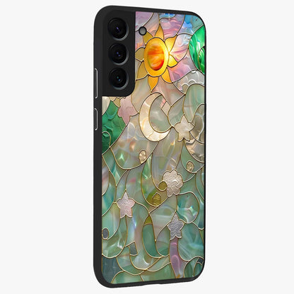 Stained Sunrise Glow Glass Case upright view showcasing colorful sunrise artwork with warm morning theme.