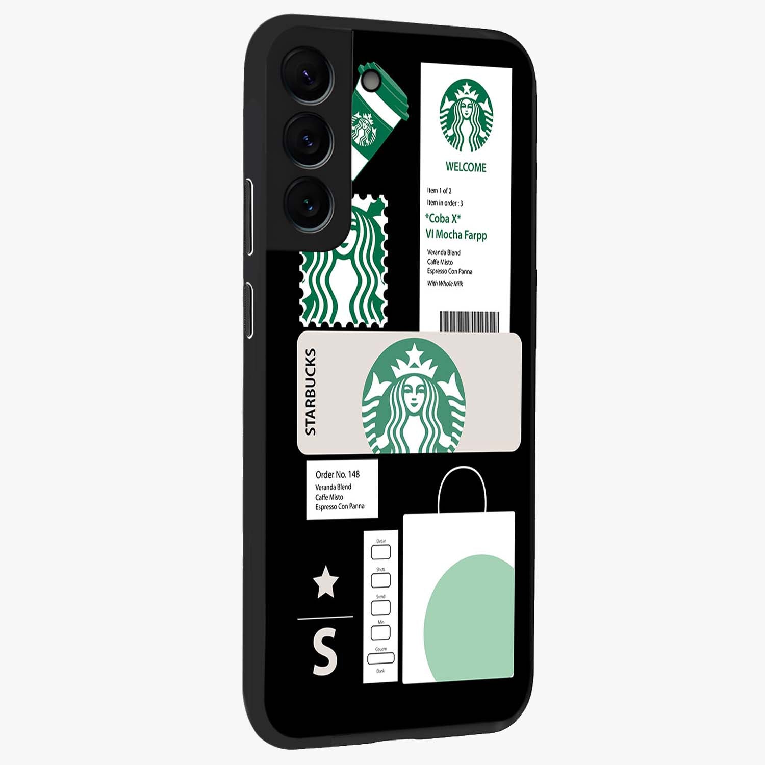 Starbucks Mocha Glass Case upright view showcasing trendy coffee inspired artwork with modern lifestyle theme.