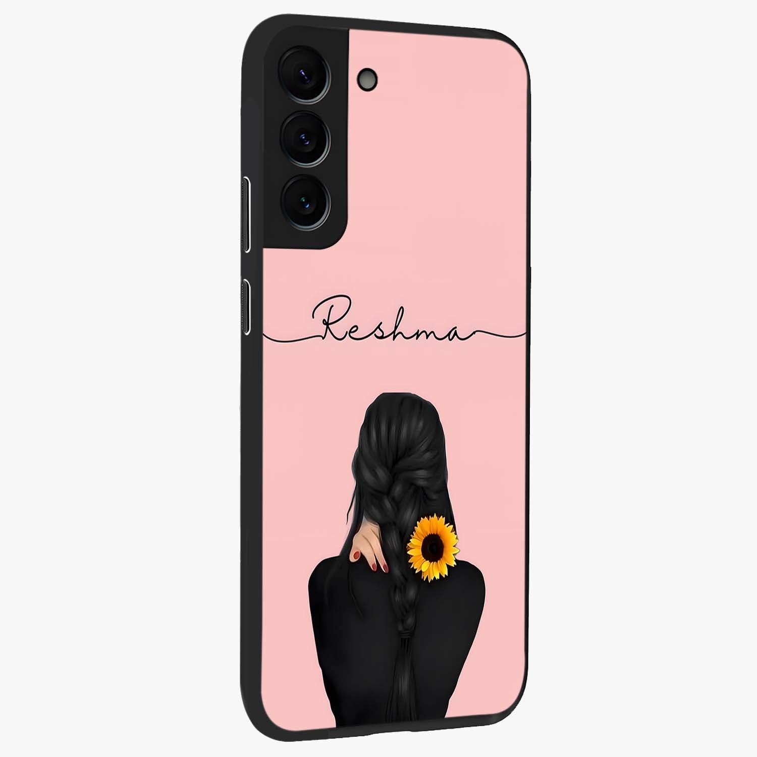 Sunflower Braid Beauty With Custom Name Glass Case upright view showcasing bright sunflower artwork with personalized floral aesthetic.