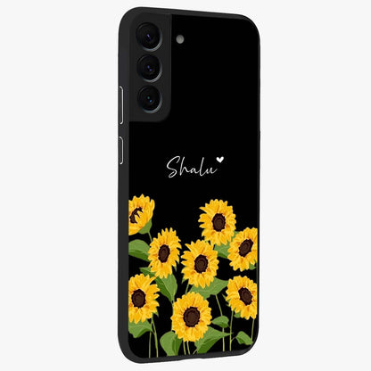 Sunflower Chic Mood Custom Name Glass Case upright view showcasing cheerful sunflower artwork with trendy floral theme.