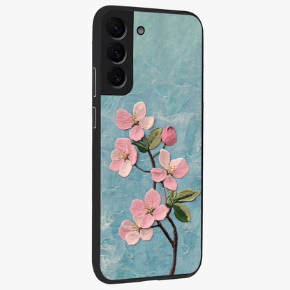 Threaded Blossom Breeze Glass Case upright view showcasing graceful flower artwork with calm botanical theme.