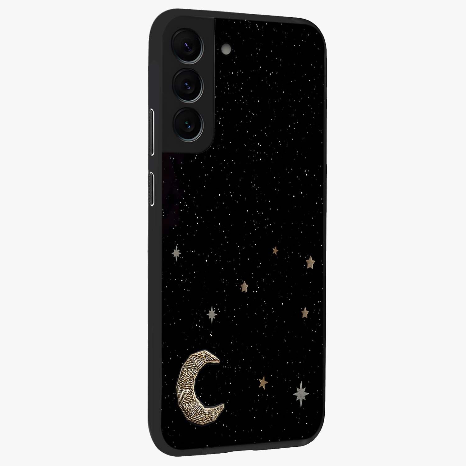 Twinkle Star With Half Moon Glass Case upright view showcasing glowing cosmic artwork with dreamy night theme.