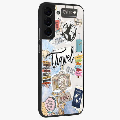 Wanderlust Journal Glass Case upright view showcasing wanderlust inspired artwork with creative exploration theme.