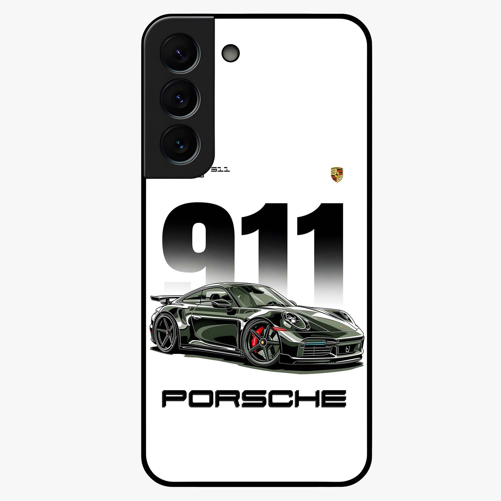 911 Turbo Dominance Glass Case showing clean flat back view with bold 911 sports car artwork and glossy glass finish.
