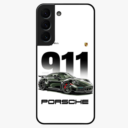 911 Turbo Dominance Glass Case showing clean flat back view with bold 911 sports car artwork and glossy glass finish.