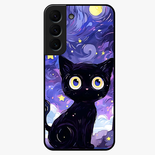 Abstract Cat Art Glass Case showing flat back view with artistic cat illustration and glossy glass finish.