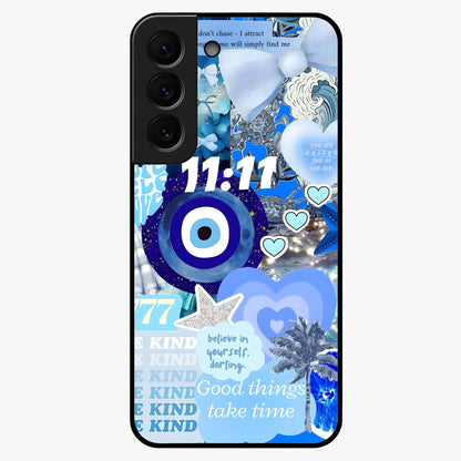 Aesthetic Be Kind Eye Glass Case showing flat back view with motivational eye artwork and glossy glass finish.