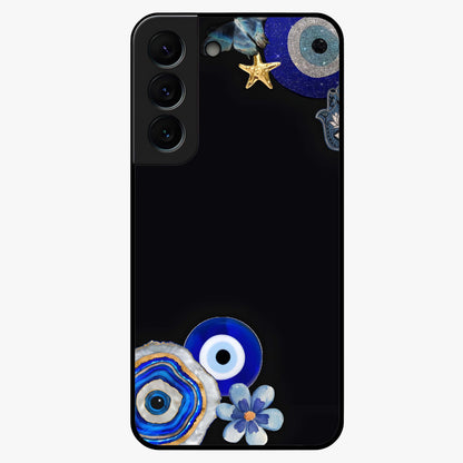 Aesthetic Blue Evil Eye Glass Case showing flat back view with protective evil eye artwork and glossy glass finish.
