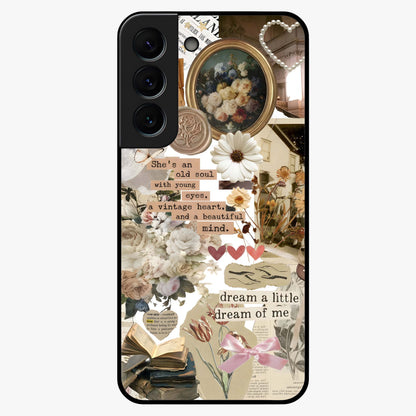 Aesthetic Brown Vintage Collage Glass Case showing flat back view with retro collage artwork and glossy glass finish.