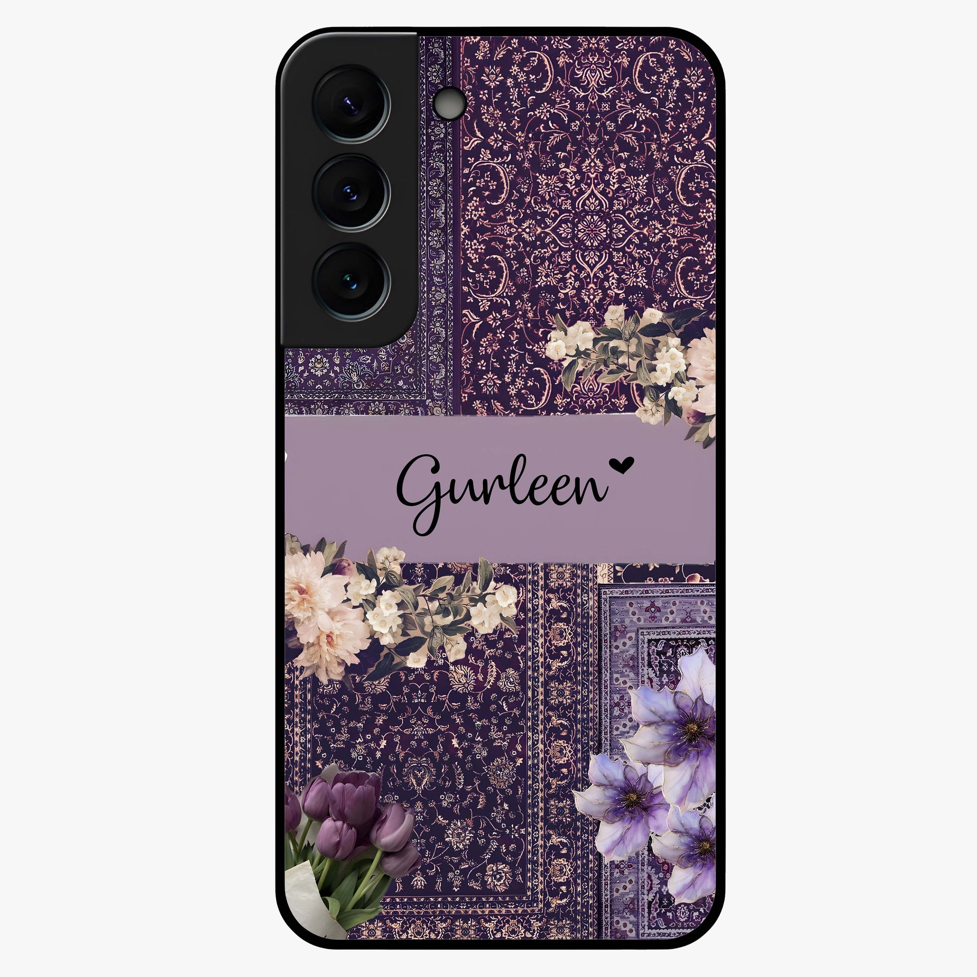 Antique Floral Whisper Custom Name Glass Case showing flat back view with vintage floral artwork and personalized name design.
