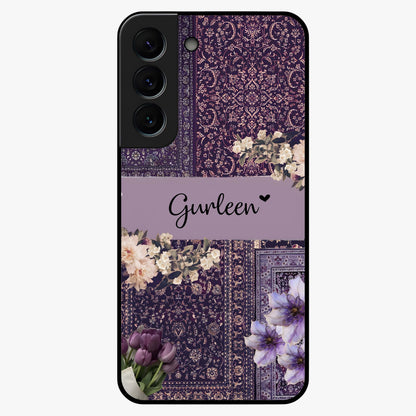 Antique Floral Whisper Custom Name Glass Case showing flat back view with vintage floral artwork and personalized name design.