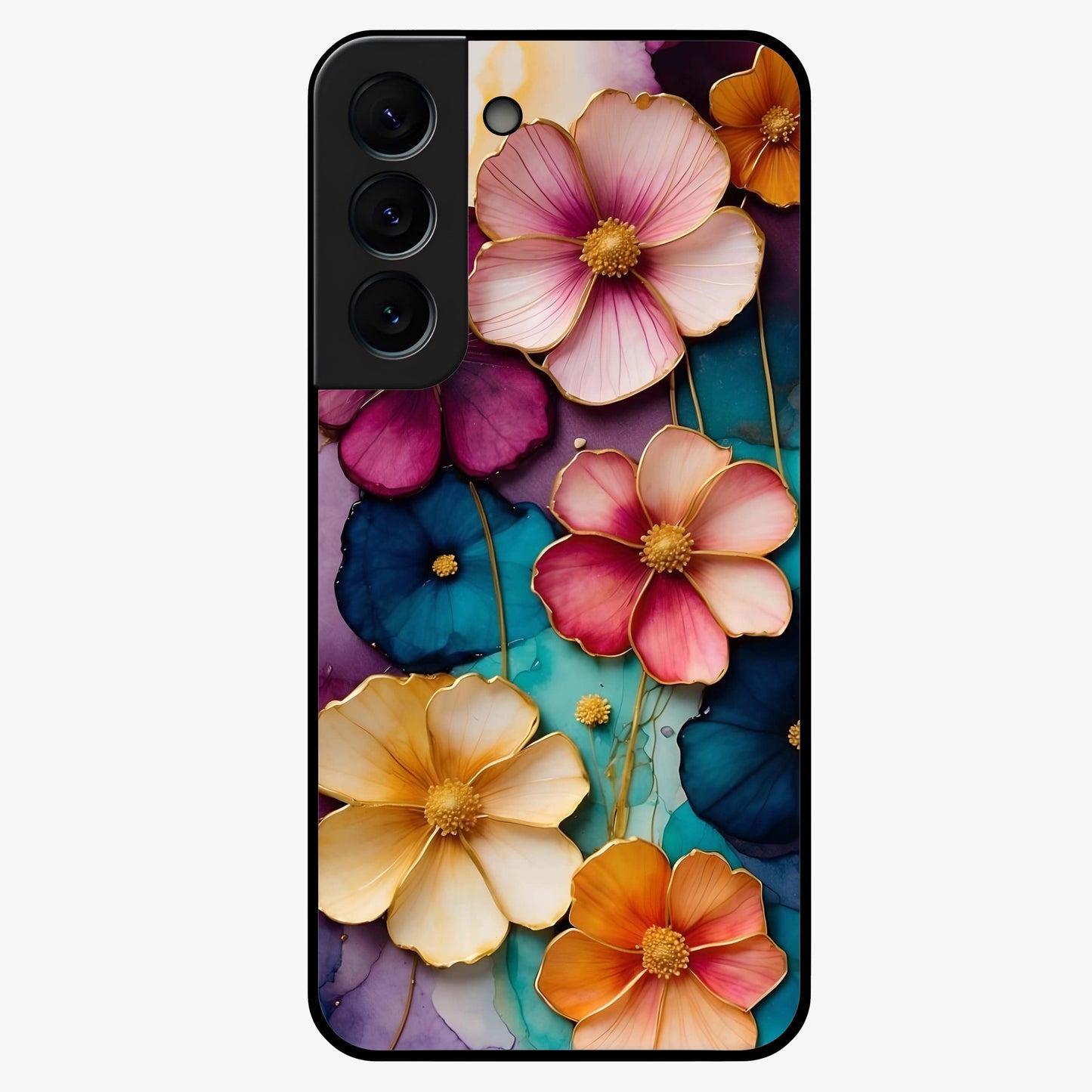 Artlyn Grace Flower Pattern Glass Case showing flat back view with elegant floral pattern artwork and glossy glass finish.