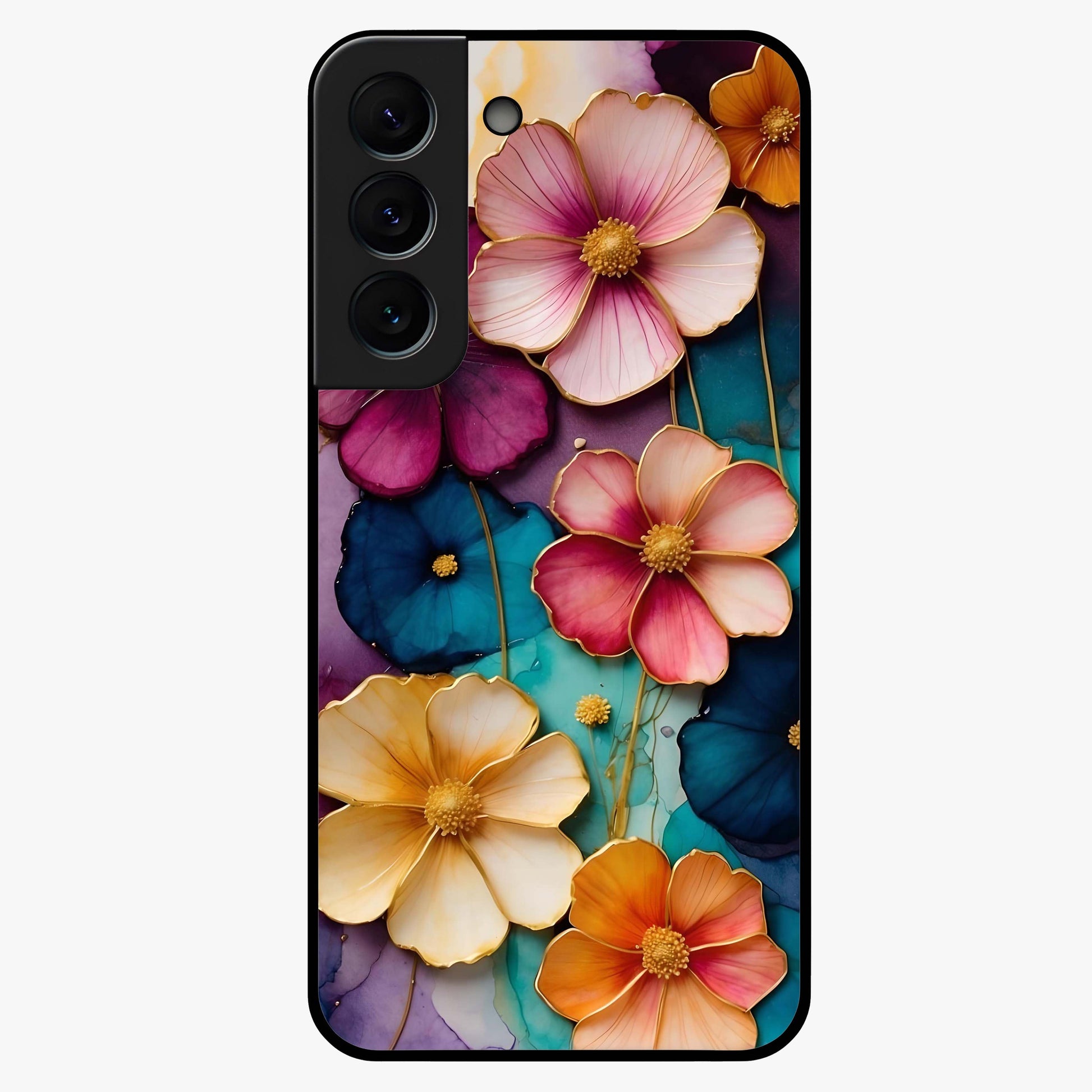 Artlyn Grace Flower Pattern Glass Case showing flat back view with elegant floral pattern artwork and glossy glass finish.