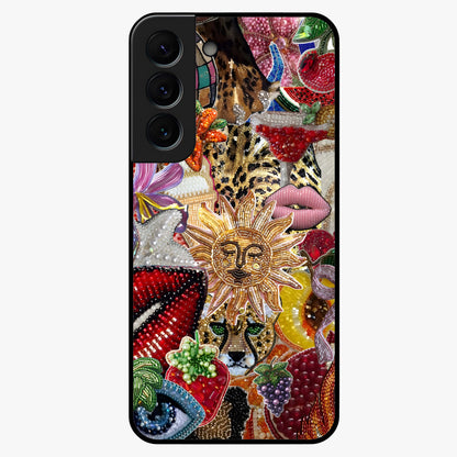 Beaded Fashion Jungle Glass Case showing flat back view with vibrant jungle inspired bead artwork and glossy glass finish.