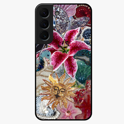 Beaded Garden Fantasy Glass Case showing flat back view with dreamy garden bead artwork and glossy glass finish.