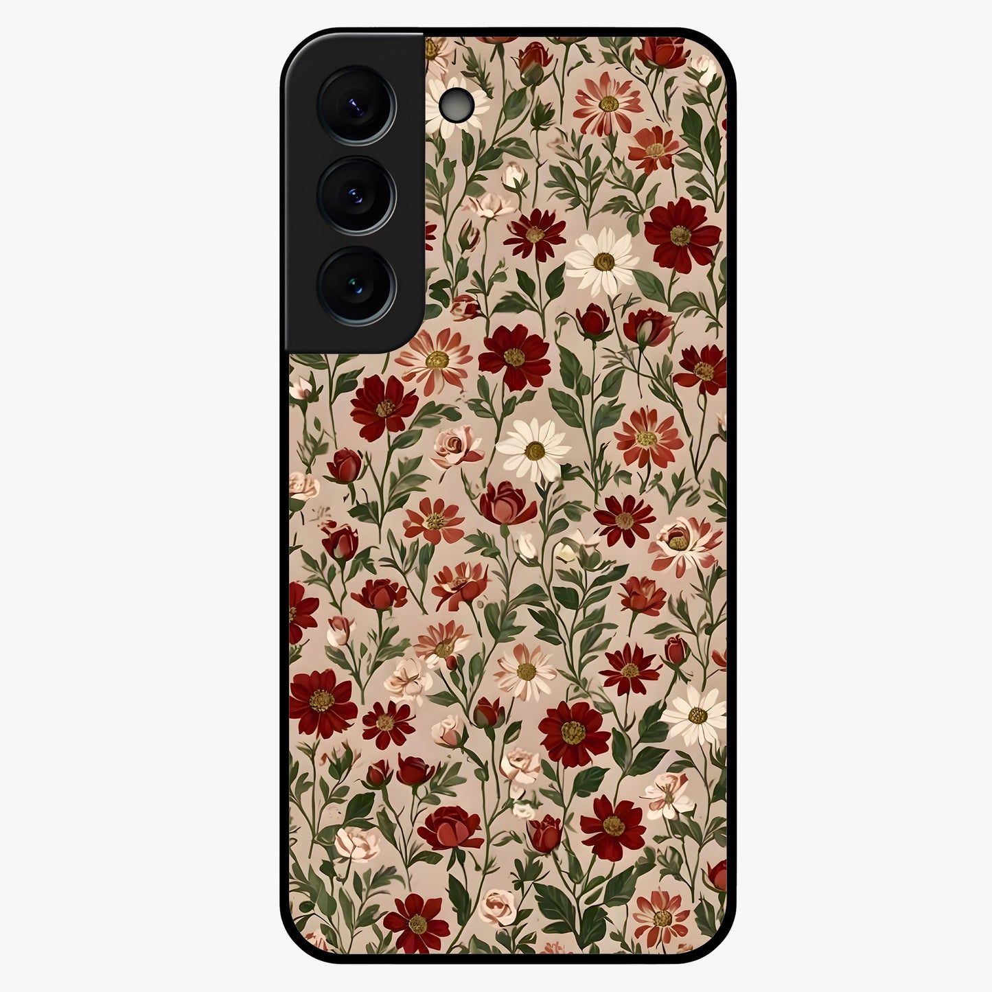 Biege Flower With Leaf Glass Case showing flat back view with soft beige floral artwork and glossy glass finish.