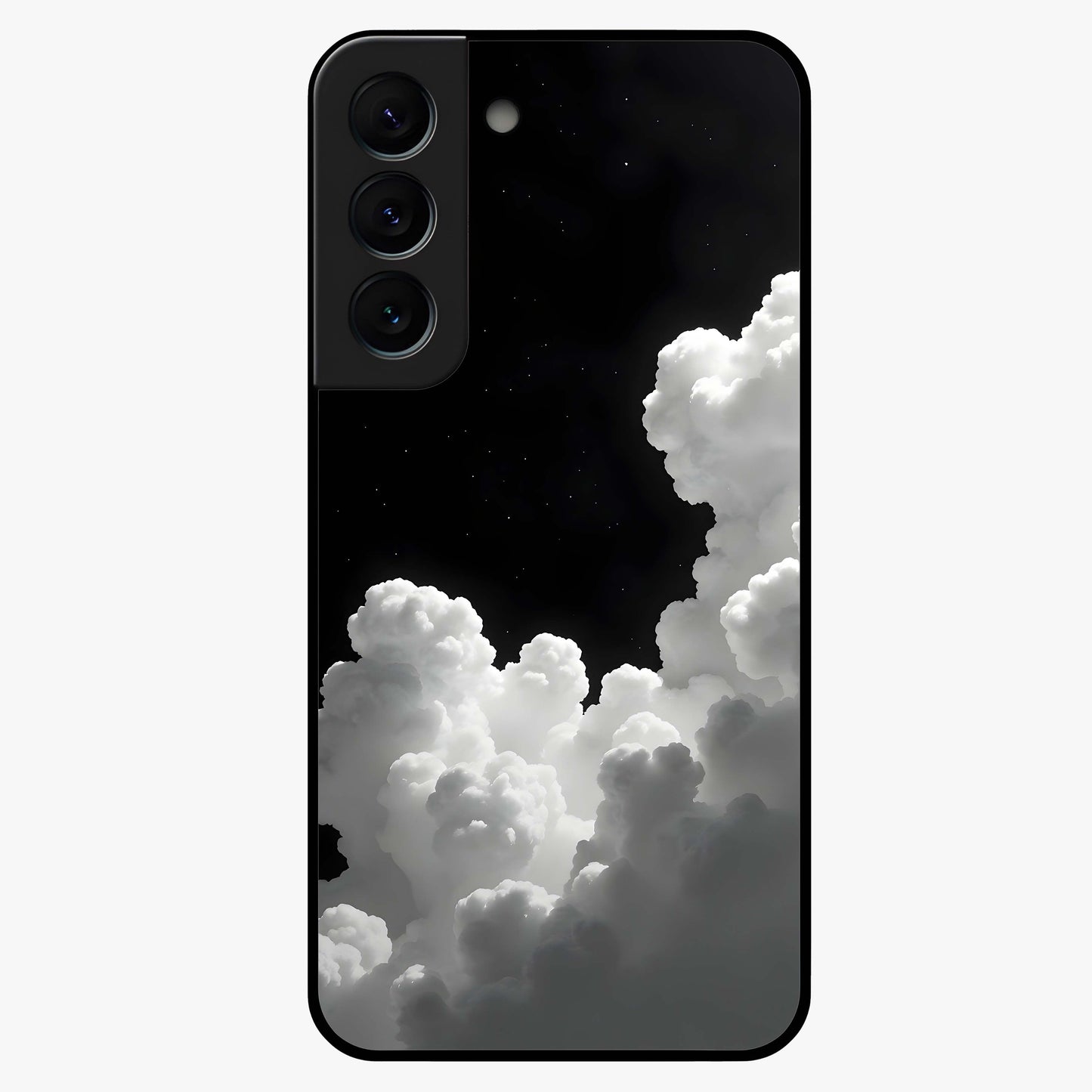 Black Background With White Cloud Glass Case showing flat back view with minimal cloud artwork on dark background and glossy glass finish.