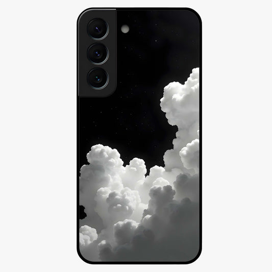 Black Background With White Cloud Glass Case showing flat back view with minimal cloud artwork on dark background and glossy glass finish.