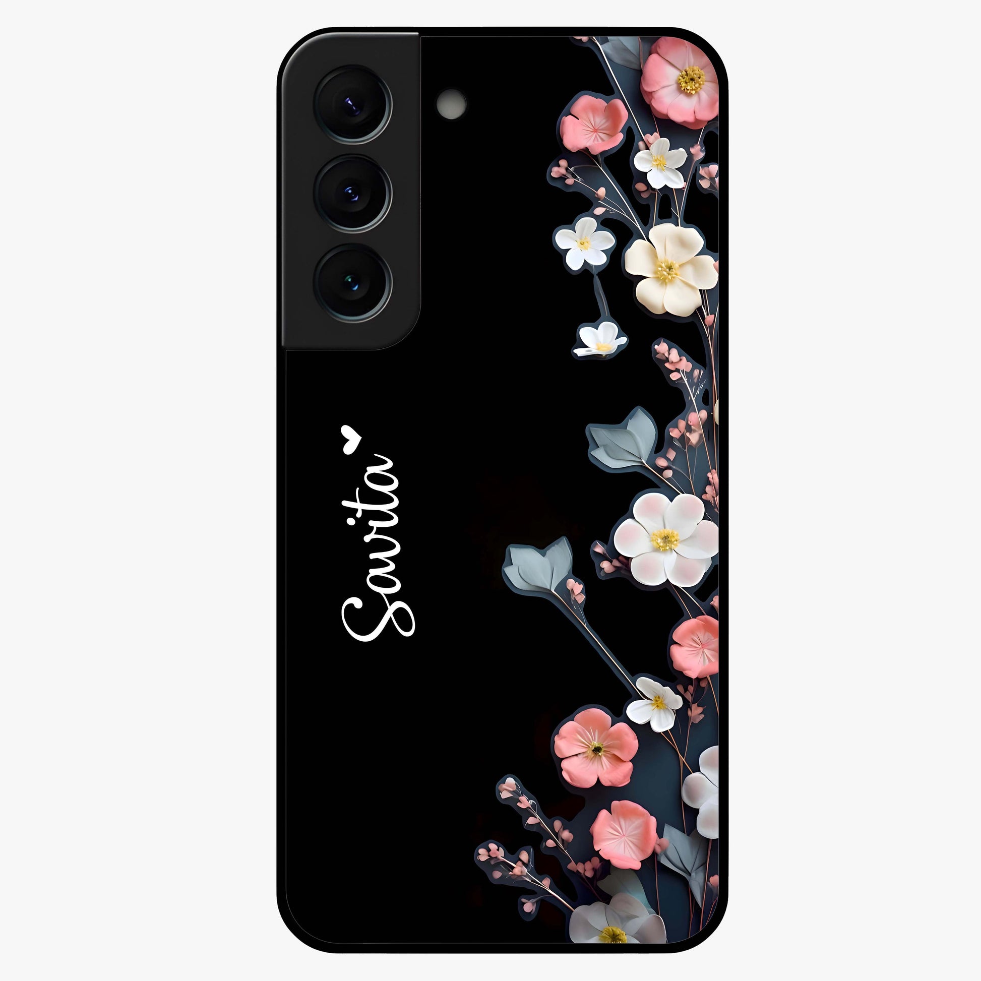Black Elegance Floral Custom Name Glass Case showing flat back view with elegant floral artwork and personalized name design.