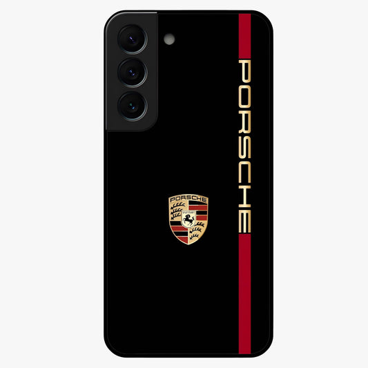 Black Minimal Porsche Glass Case showing flat back view with sleek minimal sports car artwork and glossy glass finish.