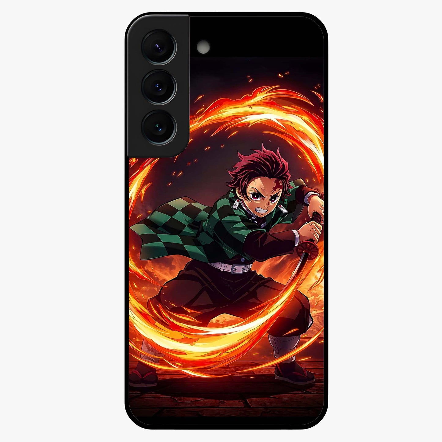 Blazing Sword Resolve Glass Case showing flat back view with fiery sword artwork and glossy glass finish.