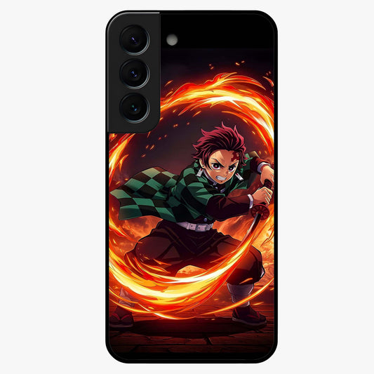 Blazing Sword Resolve Glass Case showing flat back view with fiery sword artwork and glossy glass finish.