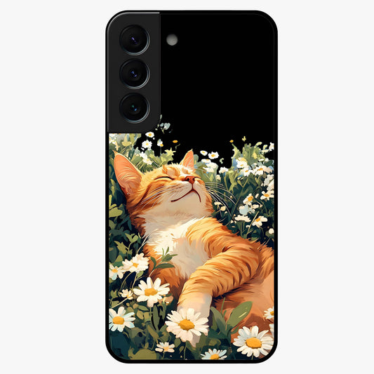 Blissful Bloom Cat Glass Case showing flat back view with cute cat and floral bloom artwork and glossy glass finish.