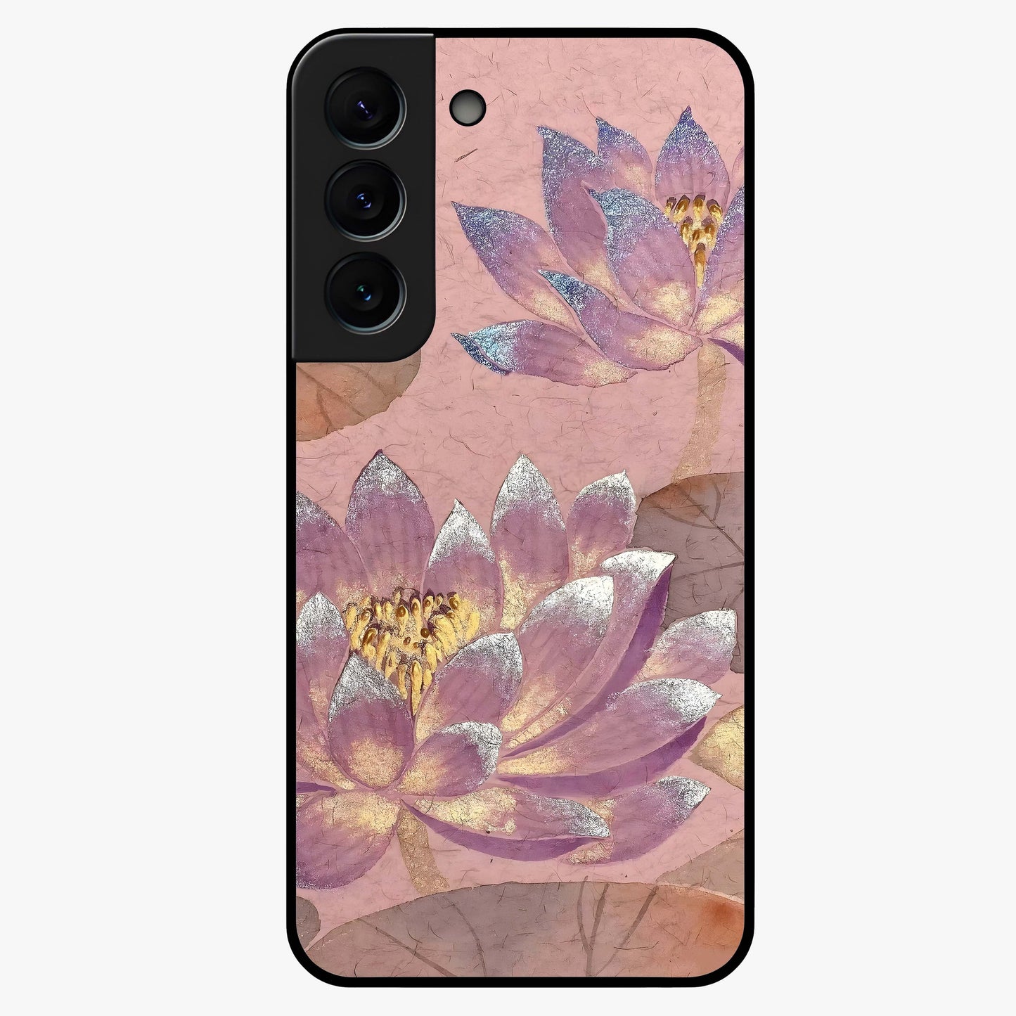 Blossom Mist Lotus Glass Case showing flat back view with serene lotus blossom artwork and glossy glass finish.