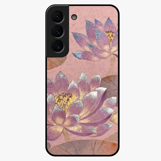 Blossom Mist Lotus Glass Case showing flat back view with serene lotus blossom artwork and glossy glass finish.