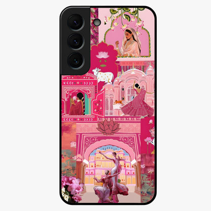 Blossoms of Rajasthan Glass Case showing flat back view with traditional floral artwork inspired by Rajasthan and glossy glass finish.