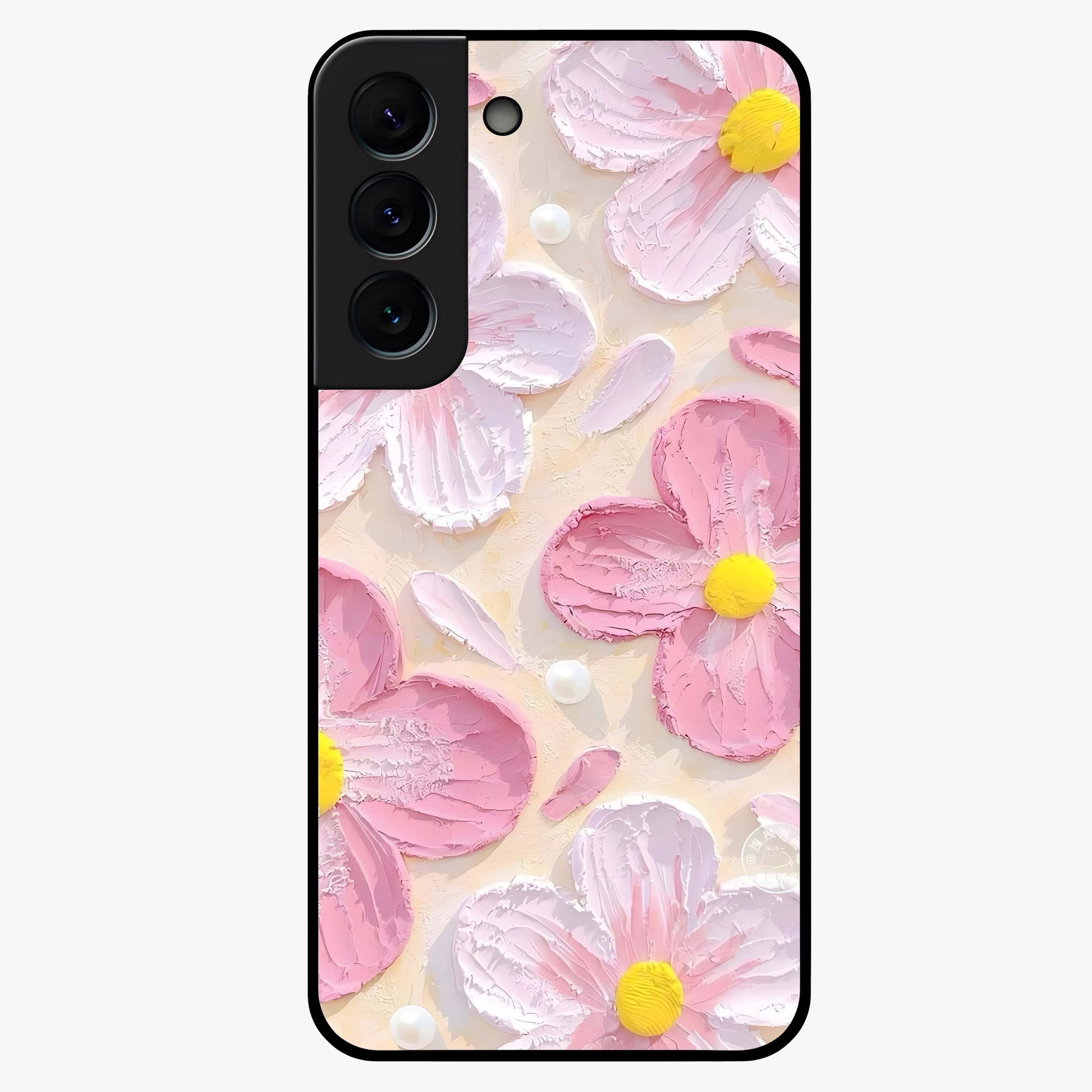 Blush Bloom Texture Glass Case showing flat back view with soft blush floral texture artwork and glossy glass finish.