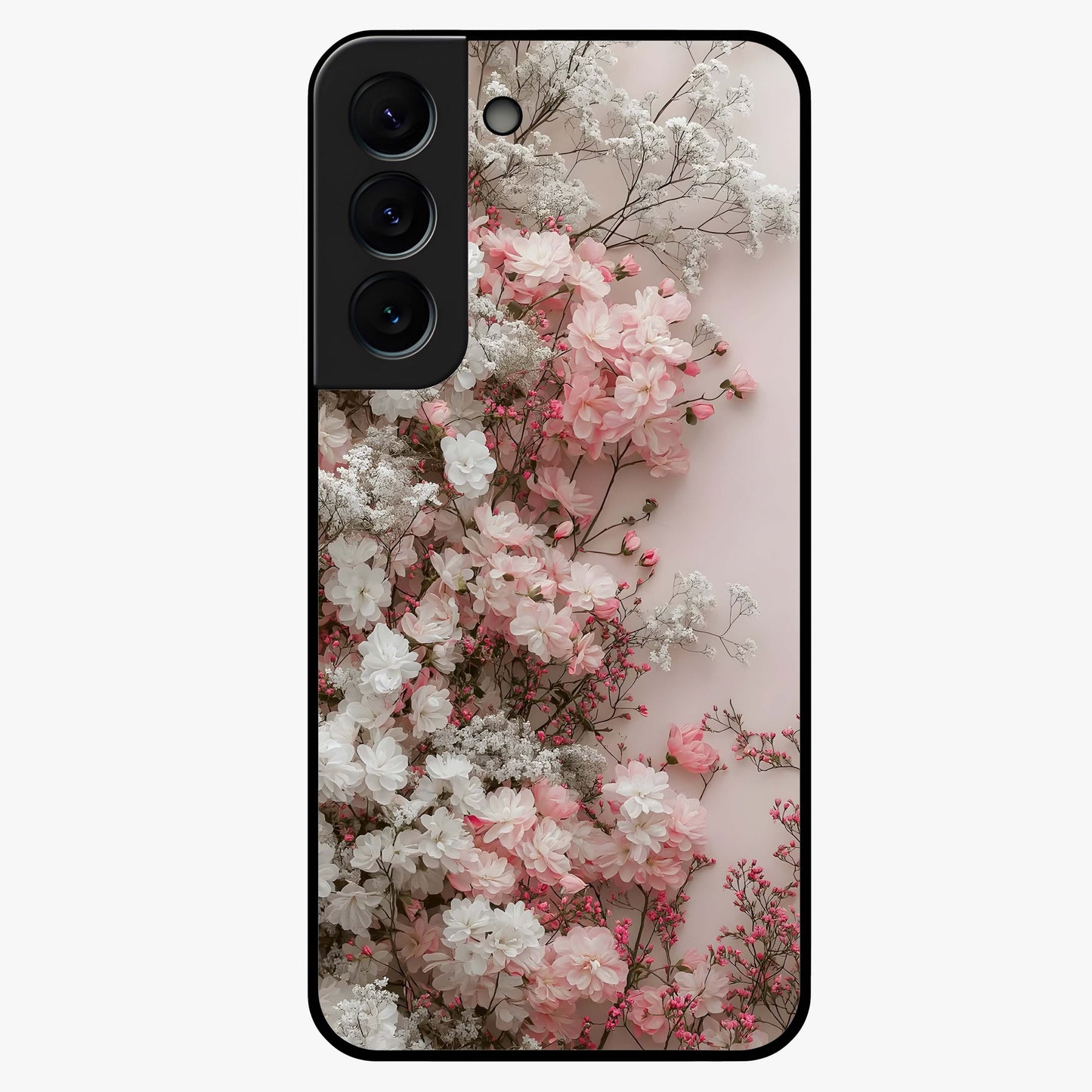 Blush Blossom Cloud Glass Case showing flat back view with dreamy blush cloud blossom artwork and glossy glass finish.