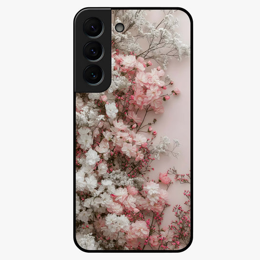 Blush Blossom Cloud Glass Case showing flat back view with dreamy blush cloud blossom artwork and glossy glass finish.
