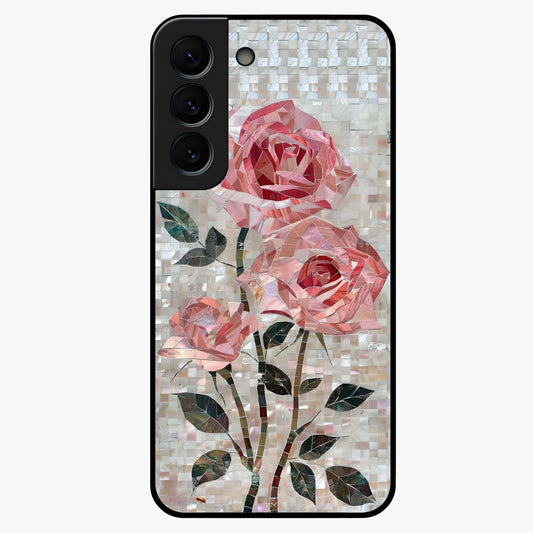 Blush Mosaic Bloom Glass Case showing flat back view with mosaic floral bloom artwork and glossy glass finish.